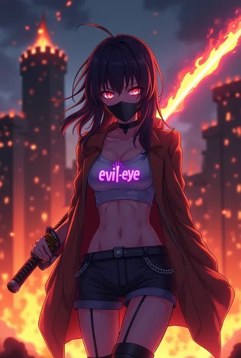 Female anime wearing an open jacket, holding a fiery katana, the words "Evil-Eye" glowing purple, wearing a half mask, the atmosphere of the castle on fire, full aura