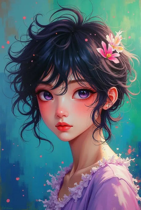  beautiful and colorful: Giru, 2, messy hair, oil painting, Perfect face beautiful with smooth skin perfect face, Green colors, blue, Additions of light purple and violet, Added in light red, intricate details, splash screen, 8k resolution, raw work, beaut...