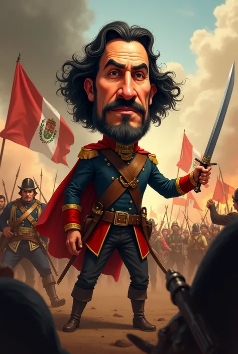 Draw Simon Bolivar fighting for the independence of Peru against Spain. that the image is caricatured with enlarged heads