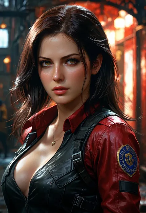 Claire Redfield Resident Evil, oil painting portrait, art by Ana Bocek, Michael Komarck, andreas rocha, intricately detailed fluid gouache painting, sensual and alluring, in her 30s, long black hair, stunnigly beautiful, perfect eyes, Procreate, depth of f...