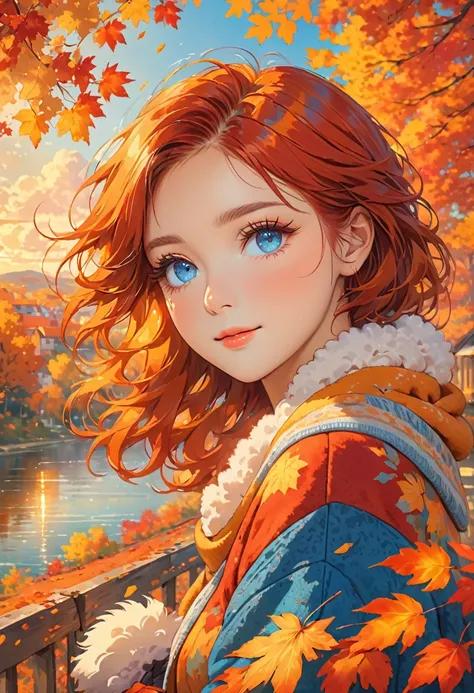 Bright colors, falling leaves, golden sunlight, cozy atmosphere, vibrant red and orange colors, soft and warm tones, calm atmosphere, gentle breeze, nostalgic mood, autumn leaves, calm expression, fluffy eyelashes, captivating look, red hair, blue eyes,