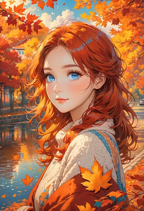 Bright colors, falling leaves, golden sunlight, cozy atmosphere, vibrant red and orange colors, soft and warm tones, calm atmosphere, gentle breeze, nostalgic mood, autumn leaves, calm expression, fluffy eyelashes, captivating look, red hair, blue eyes,