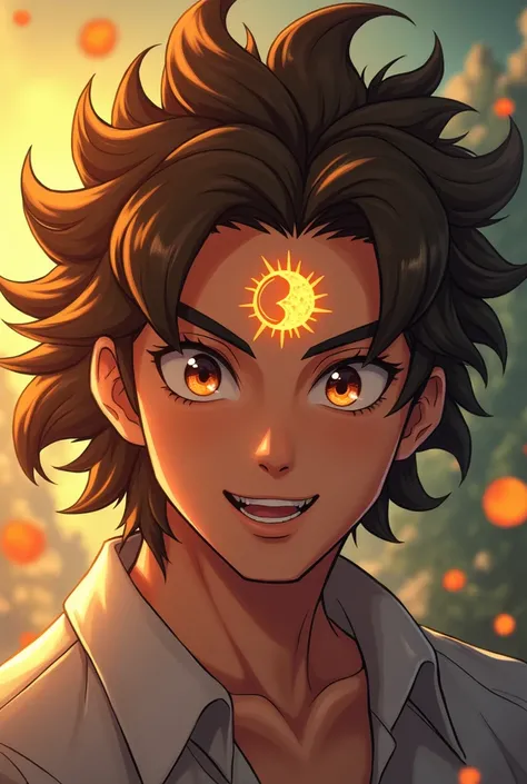 Give me a drawn and animated man with brown hair and blonde highlights, with a birthmark on the forehead shaped like a sun and moon fused together and black