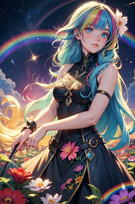 Long-haired rainbow-colored girl, heterochromia, upper body, flower field, big flower, fantasy, space