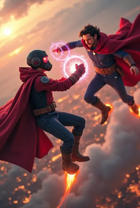 Young Star-lord with red hoodie, headphones, star-lord helmet, gas helmet, covered mouth, round red eyes, Red eyes, magic rings in the hands and rocket boots, Vs. Doctor strange , Fighting, power, fiction, full body, 2 person, magic lasso, hight, fall, fir...