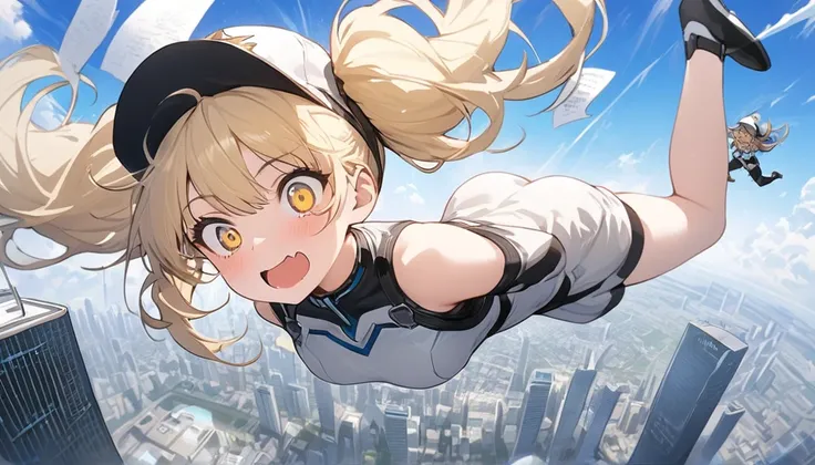 Vertical, sky scraper, zero gravity, city, masterpiece,Twin tails,Blonde,Yellow Eyes,Upside-down cap,Surprised face,There is a lot of writing in the background,Floating in the air