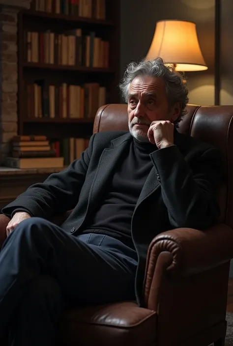 Emir Cioran sitting on an armchair in his living room, in an analytical position.