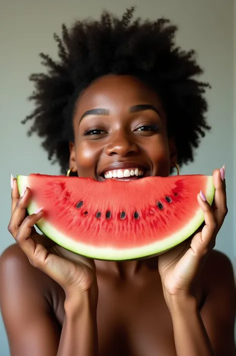 Black woman posing for a photo with a slice of watermelon covering half her face smiling