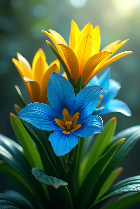 work of art, best qualityer, high resolution. A plant whose flowers are two colors: azul e amarelo, with shades similar to the Brazilian national flag.