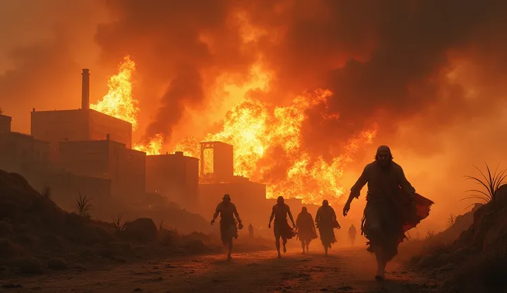 A dramatic scene of the city of Sodom in flames, with fire and smoke rising to the sky. The sky is tinged with orange and red, reflecting the destruction. Panicked human figures are seen running.