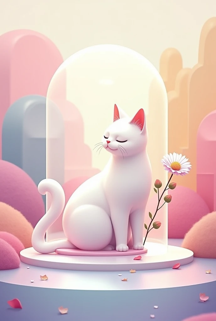 2d geometric art of a cat sitting in geometric glass landscape with pastel colors the cat holding a flower with its tail white cat

