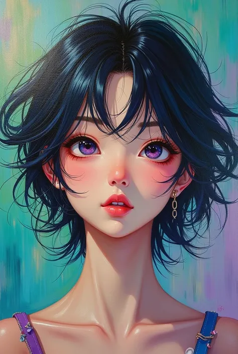  beautiful and colorful: Giru, 2, messy hair, oil painting, Perfect face beautiful with smooth skin perfect face, Green colors, blue, Additions of light purple and violet, Added in light red, intricate details, splash screen, 8k resolution, raw work, beaut...