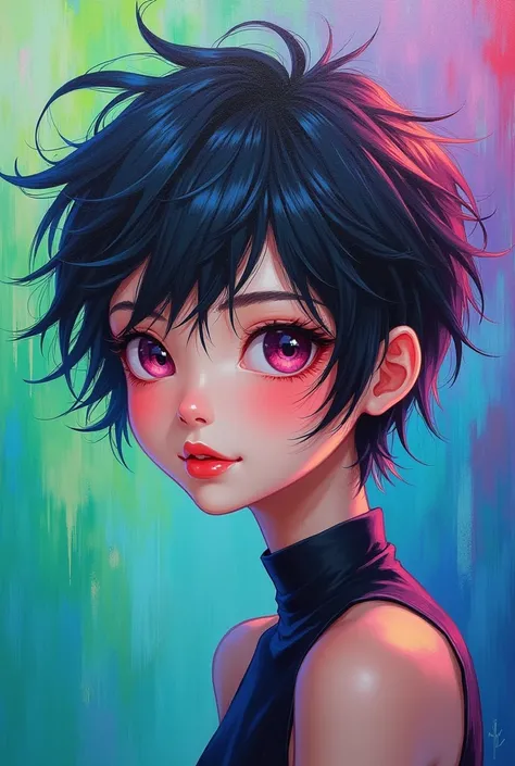  beautiful and colorful: Giru, 2, messy hair, oil painting, Perfect face beautiful with smooth skin perfect face, Green colors, blue, Additions of light purple and violet, Added in light red, intricate details, splash screen, 8k resolution, raw work, beaut...