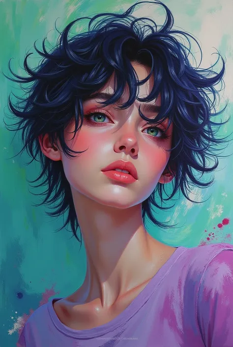  beautiful and colorful: Giru, 2, messy hair, oil painting, Perfect face beautiful with smooth skin perfect face, Green colors, blue, Additions of light purple and violet, Added in light red, intricate details, splash screen, 8k resolution, raw work, beaut...