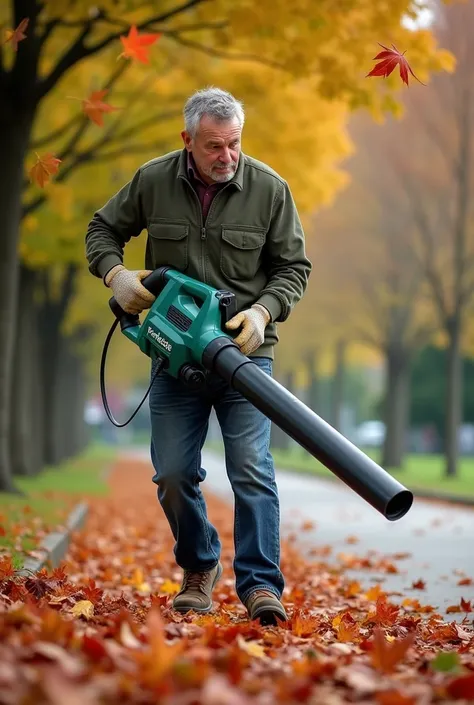 Create an image of a man blowing leaves with a PARKSIDE Elektisk leaf blower/lövsugare 2200 w dark green