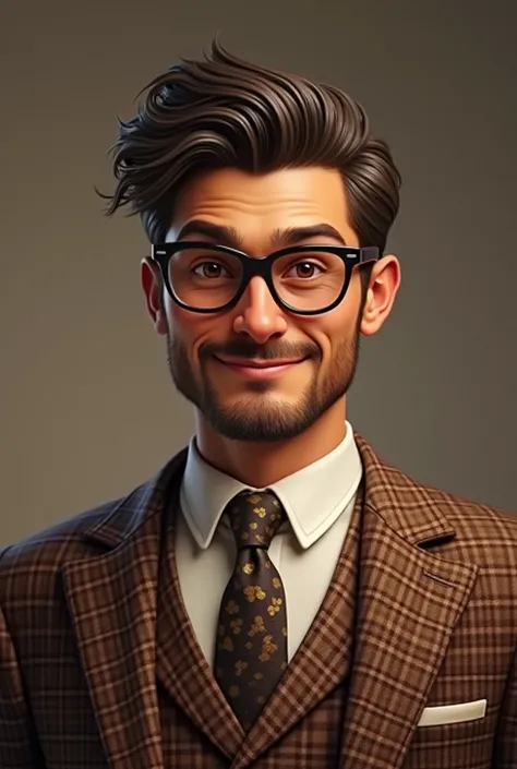 A man, he have such a cute smile. Wearing a glasses with a tan skin, he have a smile which almost look like a cat like smile. Hes wearing a suits with box like pattern and chocolate colours. He have a slight stubble beard not much just a few of them.