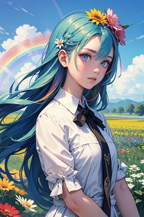 A girl with long rainbow hair, odd eyes, upper body, flower field, big flower, fantasy, blue sky