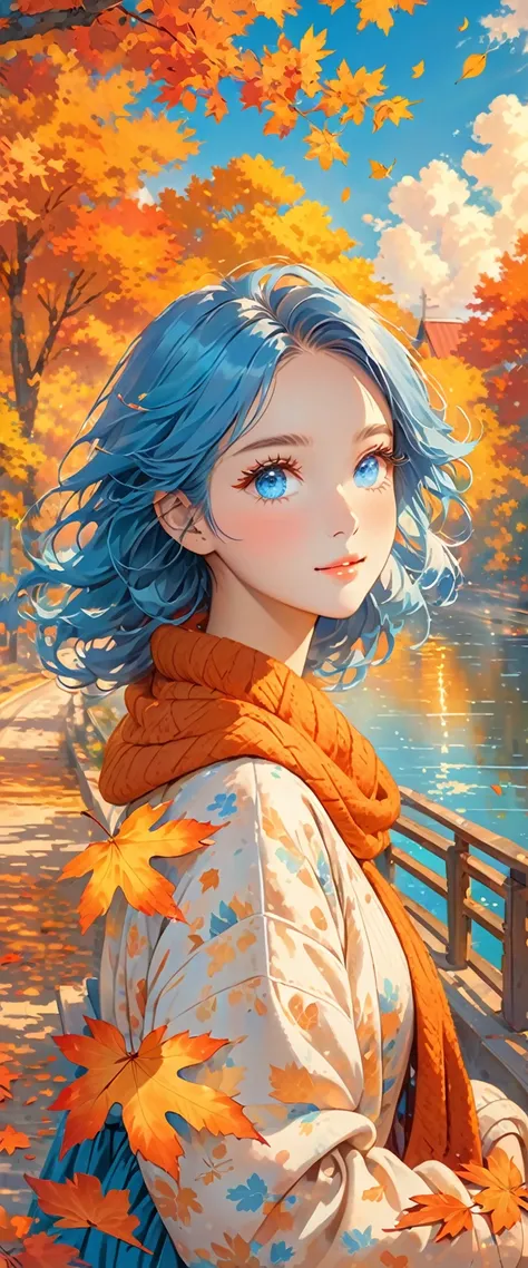 Bright colors, falling leaves, golden sunlight, cozy atmosphere, vibrant red and orange colors, soft and warm tones, calm atmosphere, gentle breeze, nostalgic mood, autumn leaves, calm expression, fluffy eyelashes, captivating look, blue hair, blue eyes,