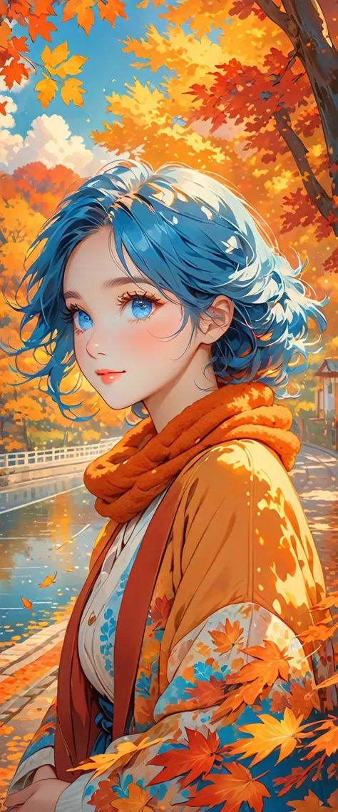 Bright colors, falling leaves, golden sunlight, cozy atmosphere, vibrant red and orange colors, soft and warm tones, calm atmosphere, gentle breeze, nostalgic mood, autumn leaves, calm expression, fluffy eyelashes, captivating look, blue hair, blue eyes,