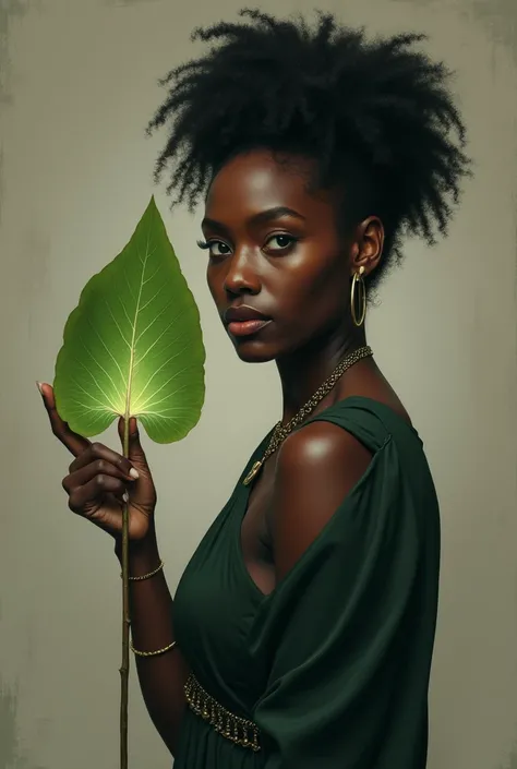 Black woman posing for a photo with a leaf called espada-de-ogum