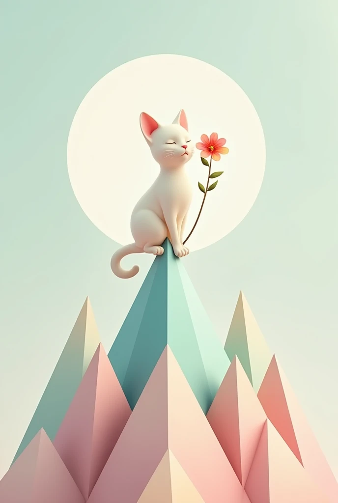 2d geometric art of a cat sitting on pointed glass geometric landscape with pastel colors the cat holding a flower with its tail white cat

