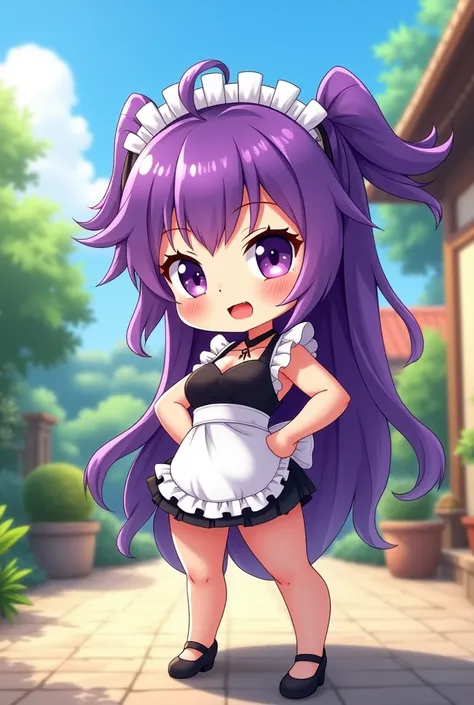 Create an image of a purple haired maid chibi muscle girl, sunny day, thicc