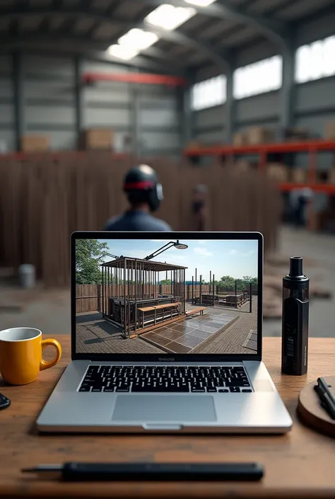 Laptop screen shot showing 3d design of iron frame cafe. Beside the laptop is a black vape the size of a finger and a yellow coffee cup.. Behind the laptop there are several welders welding iron fences and canopies in a large warehouse with lots of iron po...