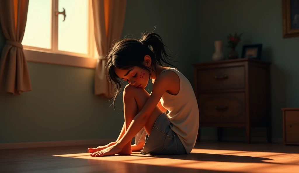 A woman sitting on the floor with her head down. Her cheeks and arms show signs of violence, while tears stream down. Light from the window highlights her, making her appear fragile yet strong in the silence that envelops the room. style 3d pixar animation