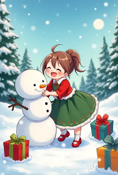 Happy girl wearing Christmas dress playing with snowman and inside are Christmas gifts drawn with simple line art and high resolution colorful illustration