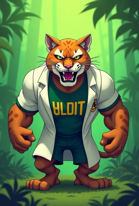 Unrealistic animation, drawing of an angry and muscular puma wearing a lab coat for university athletics with a green background