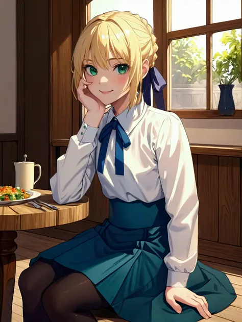 masterpiece, best quality, hd, vibrant colours, absurdres, bestres, highres, ccsaber, blonde hair, green eyes, white shirt, blue skirt, black pantyhose, indoors, food, rice, sitting, table, smile,