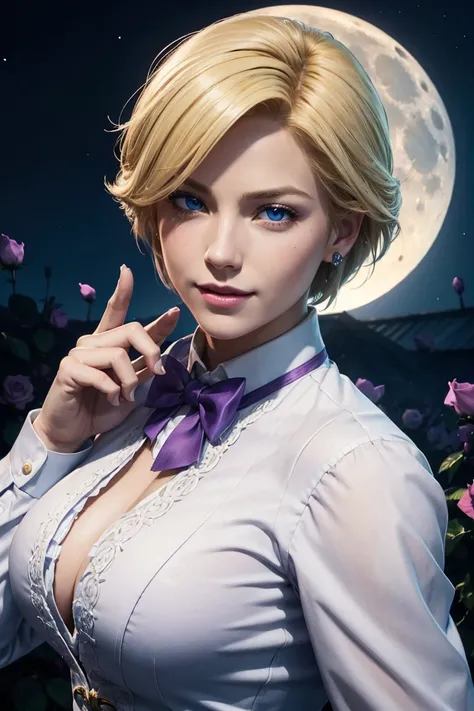 KOF,King of Fighters,King,Blue Eyes,Blonde Hair,Medium Hair,White long shirt,Purple vest,A bow tie,Beautiful white skin,Photorealistic,Ultra HD,high quality,masterpiece,Digital SLR,Detailed details,Intricate details,Anatomical basis,Depicted in detail,A de...