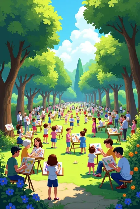 A public drawing competition is taking place in a park surrounded by greenery. Children, children, parents, elderly, doctors, teachers, workers are all participating in the drawing competition with joy.