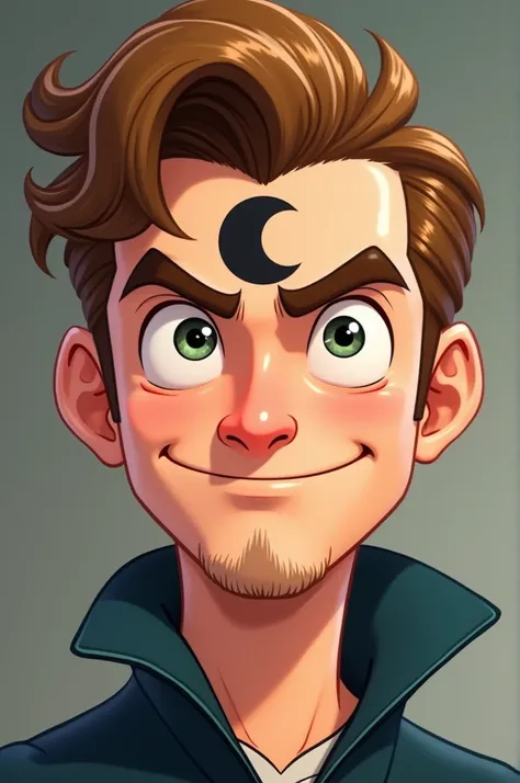 Animated cartoon man with brown hair having blonde highlights, has a black sign in the shape of a moon and sun fused together on his forehead