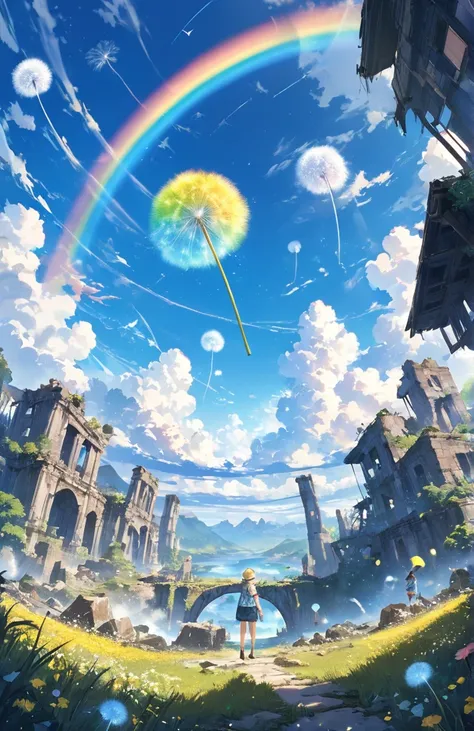 ((Amazingly absurd)),(masterpiece:1.2),超High resolution, Attention to detail, high quality, High resolution, 最high quality, 4K, 8k、so beautiful、landscape、landscape画、Endless blue sky、A rainbow appears、There is a group of ruins、Dandelion fluff flying,rainbow...