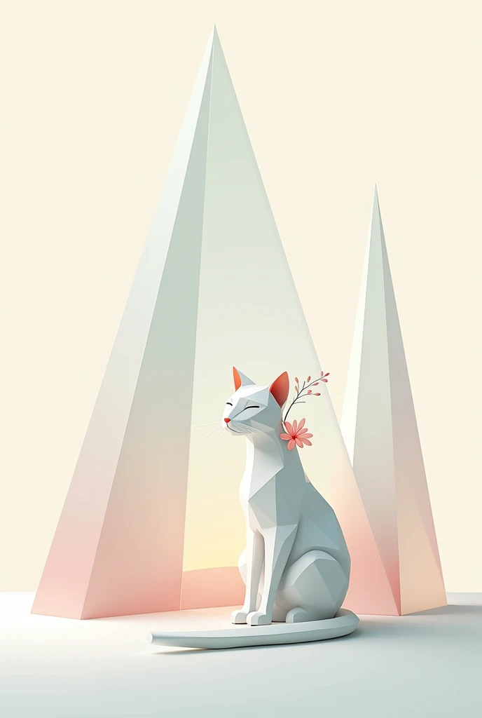 2d geometric art , of a white geometric cat sitting with a flower on its tail in a geometric pointed glass landscape with pastel colors 

