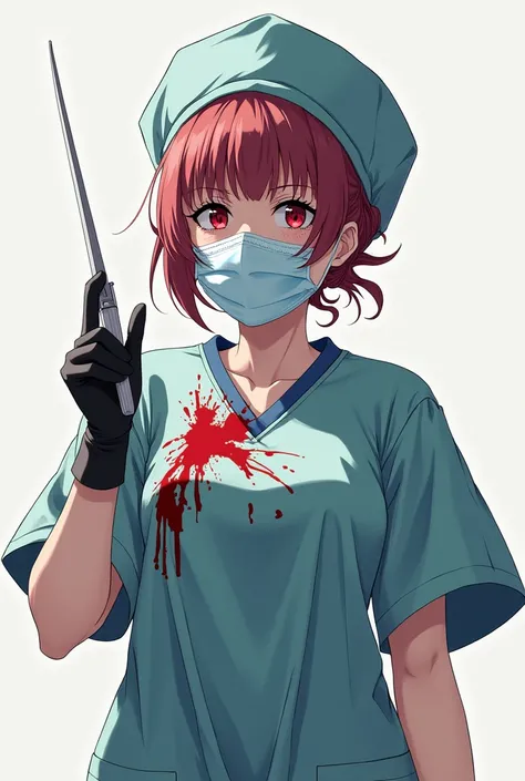 Anime Surgical nurse wearing a bouffant cap surgical mask a face shield and black  latex gloves holding a scalpel all of her ppe is bloody has red eyes