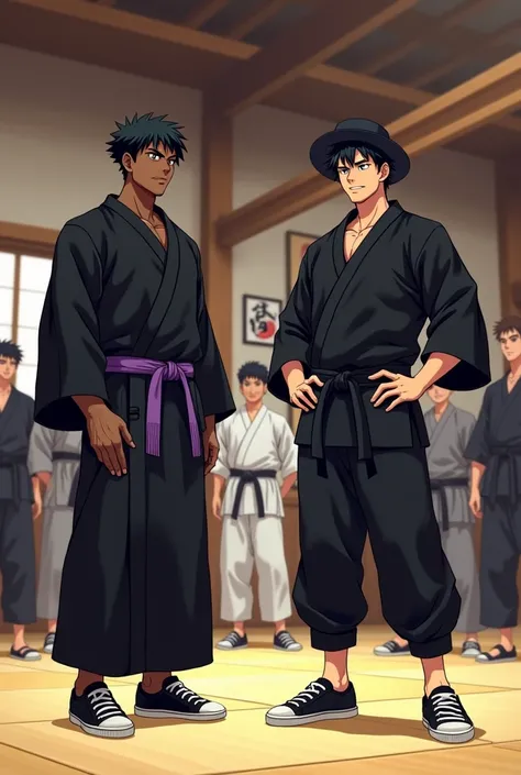 Create an image of 10 anime style friends, in the background there is a karate dojo.

The first, he is wearing a black kimono and his arms have veins, he is dark-skinned.
he has black hair and he has a purple belt tied around his waist, he has a confident ...