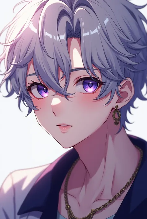 Anime, handsome youth, curly silver hair, mesmerising amethyst eyes, male idol, left ear piercing