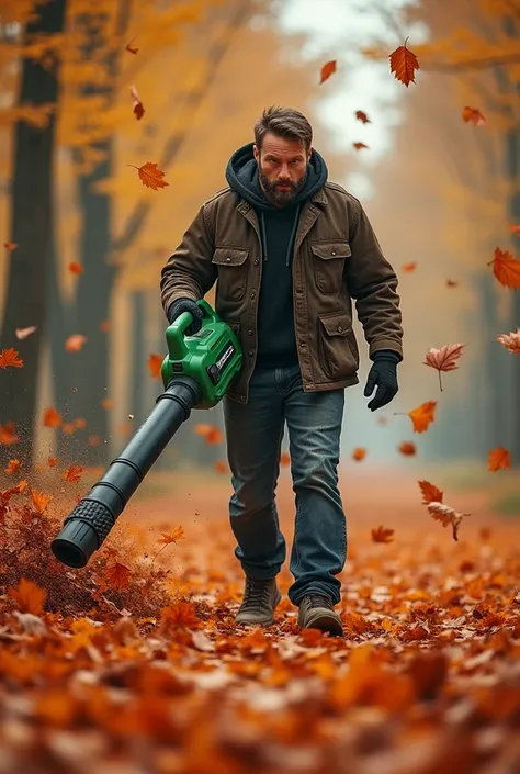 Man with a blower PARKSIDE Electric leaf blower / lövsugare 2200 w green witth more background of leaves