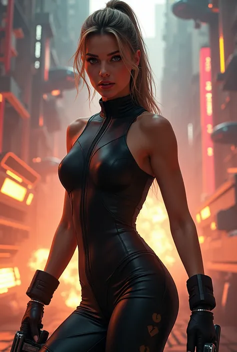 Create an image that looks like a still from a Michael Bay sci-fi action movie with lots of movie style action happening in the background. The foreground character should be a sexy woman in a sexy revealing outfit that looks like she is part of the action...