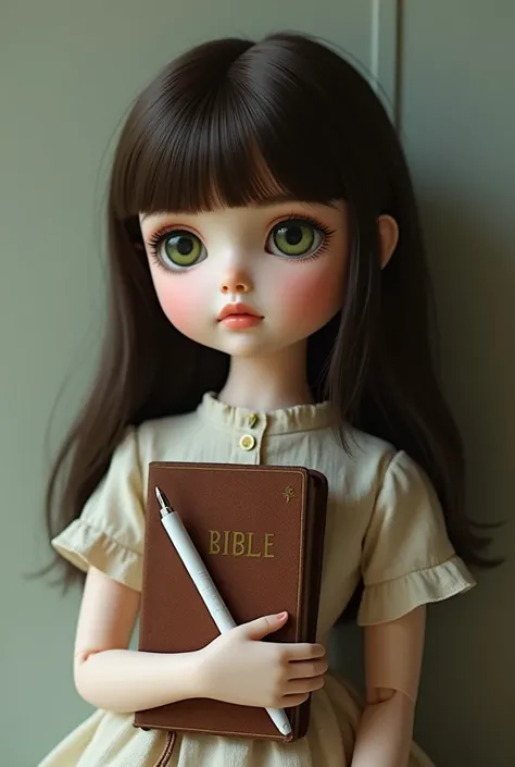 Doll with straight dark brown hair, just below the shoulder, big green eyes wearing vintage dress with bible and pen