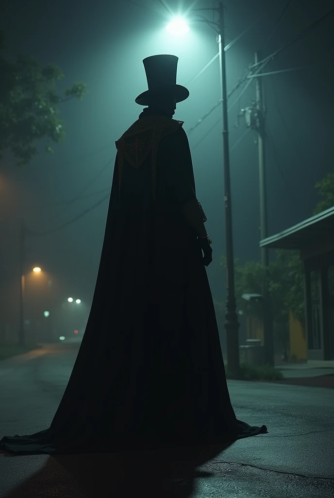 Make a representation of Exú Tranca Rua at a dark crossroads with a black cape and a top hat being illuminated by a dim streetlight 
