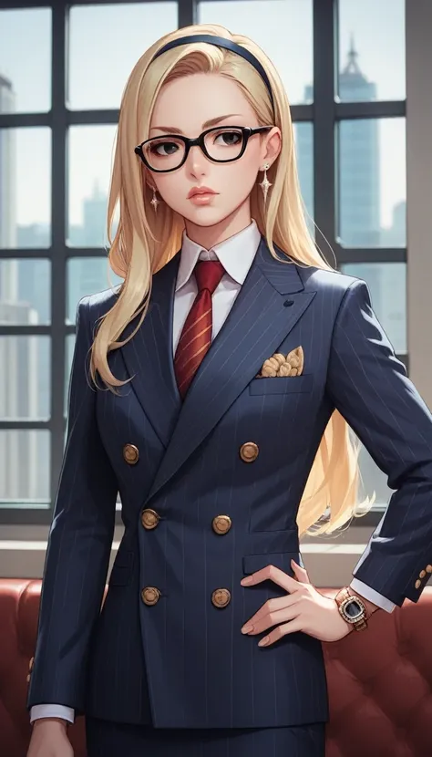 score_9, score_8_up, score_7_up, score_6_up, source_anime, double-breasted suits, 1girl, solo, blonde hair, long hair, swept back hair, hairband, glasses, formal, jewelry, suit, red necktie, earrings, jacket, shirt, standing, hand on hip, window, black eye...