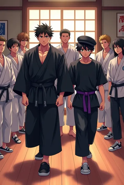 Create an image of 10 anime style friends, in the background there is a karate dojo.

The first, he is wearing a black kimono and his arms have veins, it is white in tone.
he has black hair and he has a purple belt tied around his waist, he has a confident...