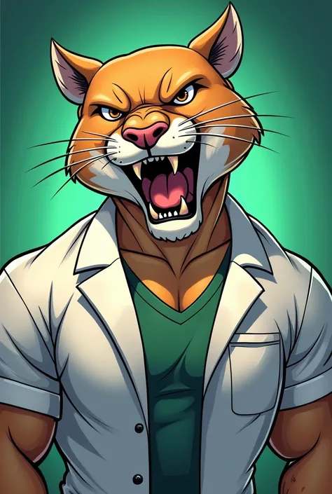 Muscular angry cougar cartoon wearing a college athletics lab coat with green background