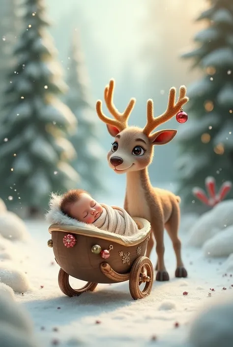 cute  baby in the cradle(with ornaments) pulled by a rain deer through the snowy way