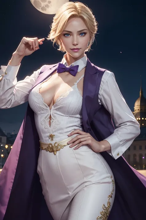 KOF,King of Fighters,King,woman,Blue Eyes,Blonde Hair,Medium Hair,White long shirt,Purple vest,A bow tie,Beautiful white skin,Photorealistic,Ultra HD,high quality,masterpiece,Digital SLR,Detailed details,Intricate details,Anatomical basis,Depicted in detai...