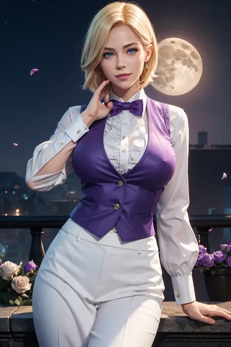 KOF,King of Fighters,King,woman,Blue Eyes,Blonde Hair,Medium Hair,White long shirt,Purple vest,A bow tie,Beautiful white skin,Photorealistic,Ultra HD,high quality,masterpiece,Digital SLR,Detailed details,Intricate details,Anatomical basis,Depicted in detai...