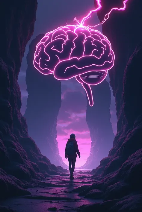 An explorer in the human brain with lightning bolts in the form of an anime drawing in black and purple colors highlighting the brain in search of an unknown path 
| !